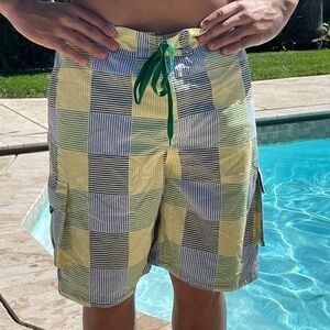 NWT Club Room M-2XL Men’s Swim Trunks Yellow Blue Green Stripe Plaid MT06